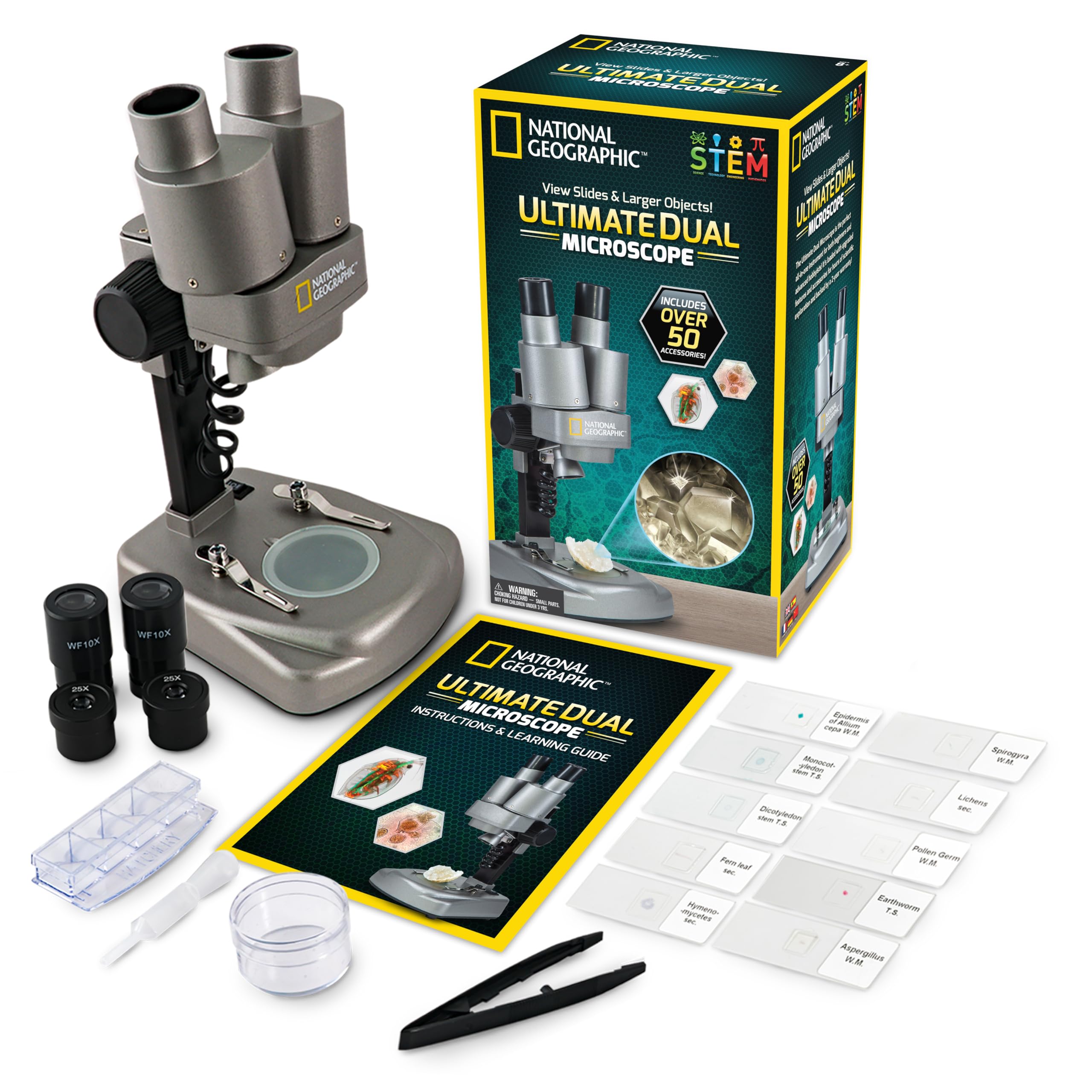 UncleHu NATIONAL GEOGRAPHIC Dual LED Kids Microscope - 50+ pc Science Kit with 10 Prepared Slides & 10 DIY Blank Slides, Biology Experiment Activity, Microscope Kit for Kids 8-12 (Amazon Exclusive)