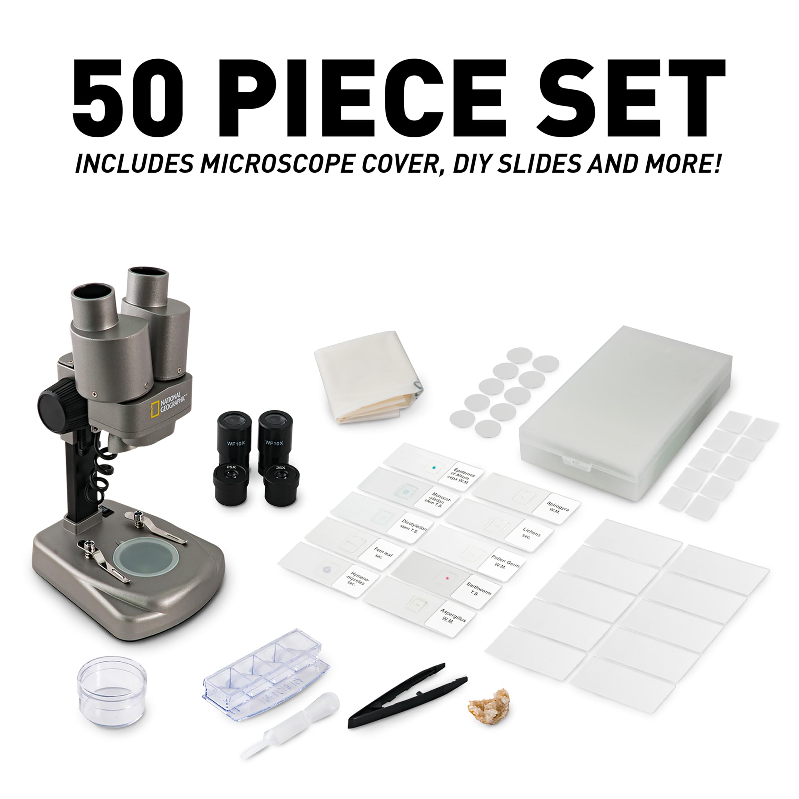 UncleHu NATIONAL GEOGRAPHIC Dual LED Kids Microscope - 50+ pc Science Kit with 10 Prepared Slides & 10 DIY Blank Slides, Biology Experiment Activity, Microscope Kit for Kids 8-12 (Amazon Exclusive)