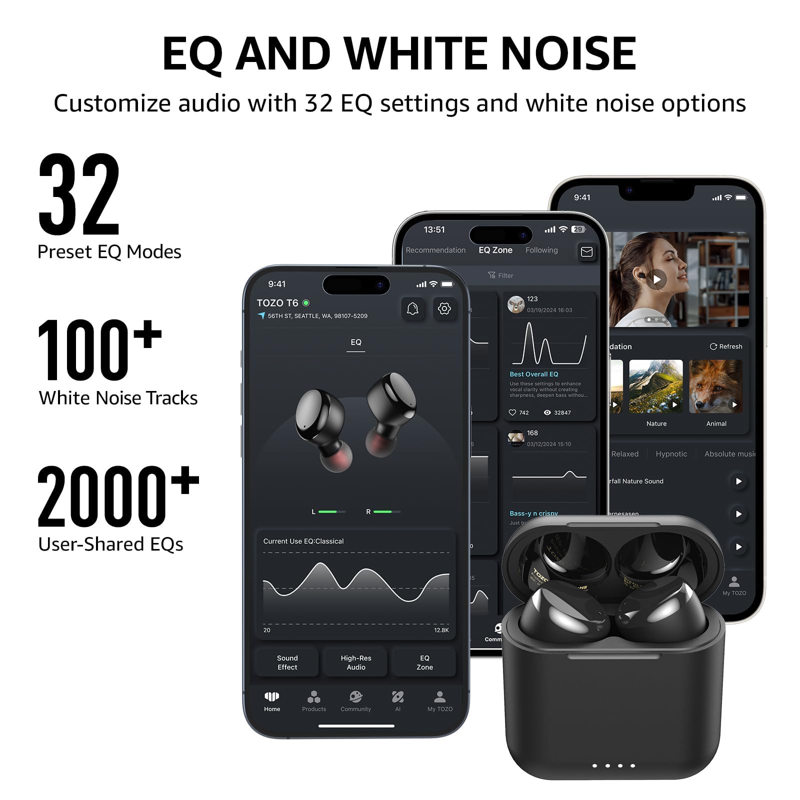 UncleHu T6 True Wireless Earbuds Bluetooth 5.3 Headphones 45H Long Playtime, Wireless Charging Case, IPX8 Waterproof Stereo Earphones, Built-in Mic Calls, Headset Premium Deep Bass 32 Preset EQs via APP