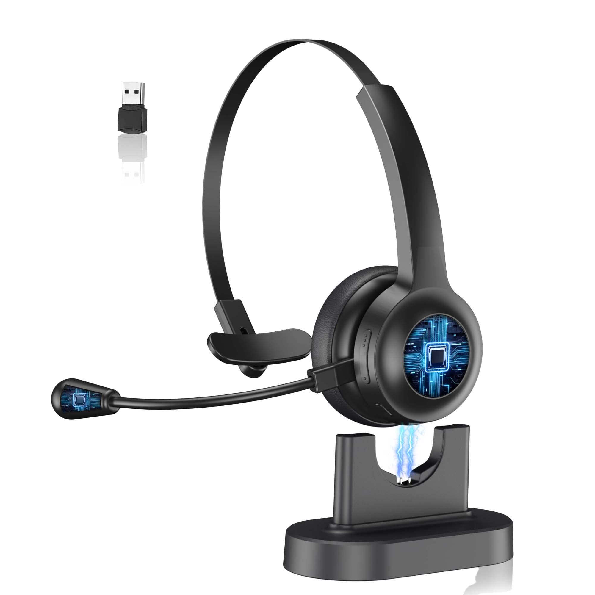 UncleHu Derico Trucker Bluetooth Headset w/Noise Cancelling Microphone for PC Cell Phones - Easy Mute | Light 6.5 oz | Telephone Office Wireless Headphones for Zoom, Teams (Headset + Charging Dock)