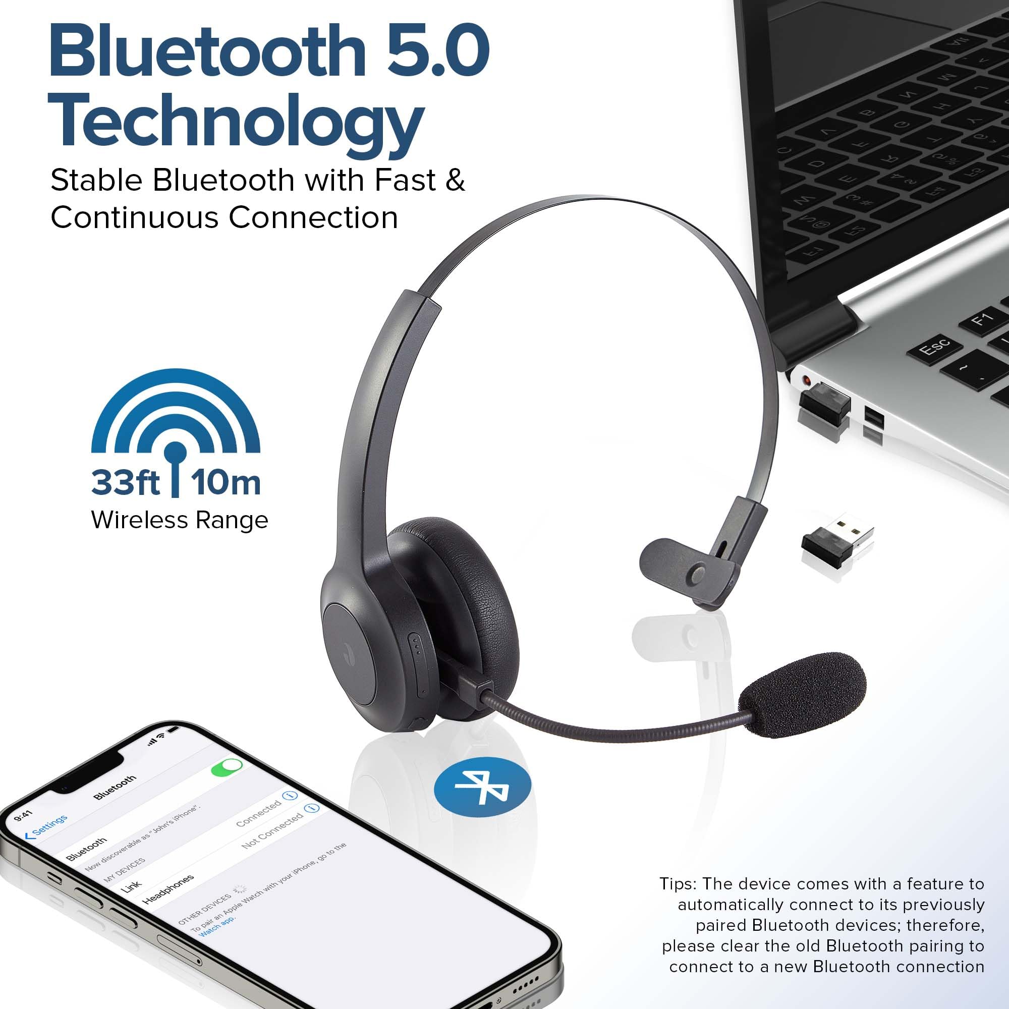 UncleHu Derico Trucker Bluetooth Headset w/Noise Cancelling Microphone for PC Cell Phones - Easy Mute | Light 6.5 oz | Telephone Office Wireless Headphones for Zoom, Teams (Headset + Charging Dock)