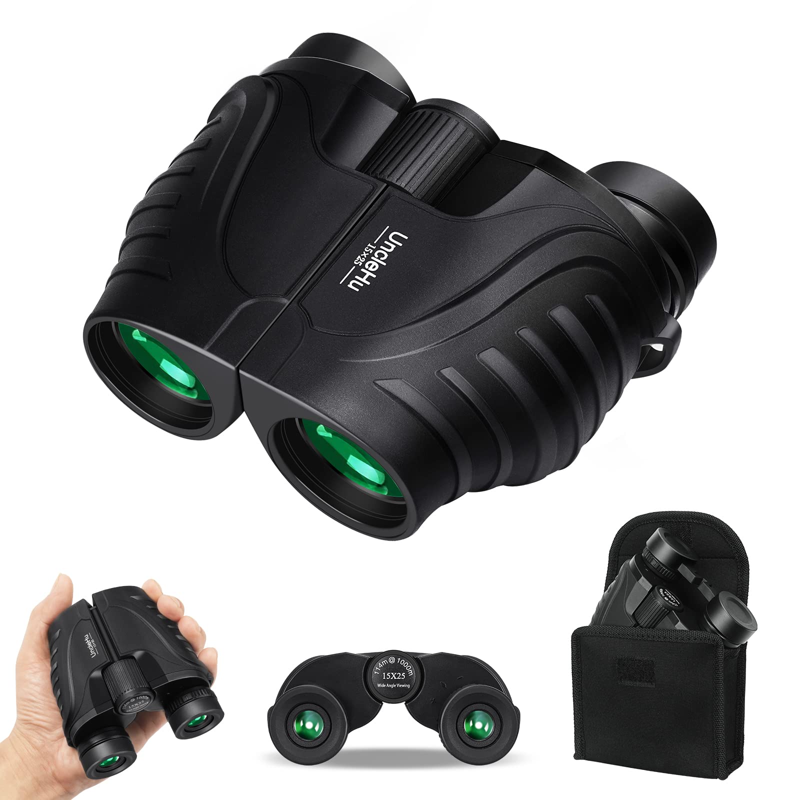 UncleHu 15x25 Compact Binoculars for Kids and Adults, Small High Power Binoculars with Large Eyepiece and Clear Vision for Bird Watching Hunting Travel Outdoor Sports with Carrying Case and Neck Strap