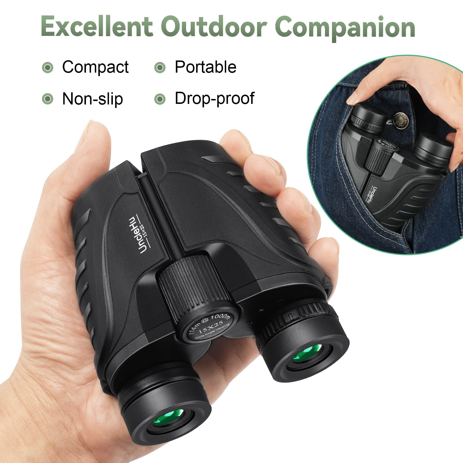 UncleHu 15x25 Compact Binoculars for Kids and Adults, Small High Power Binoculars with Large Eyepiece and Clear Vision for Bird Watching Hunting Travel Outdoor Sports with Carrying Case and Neck Strap