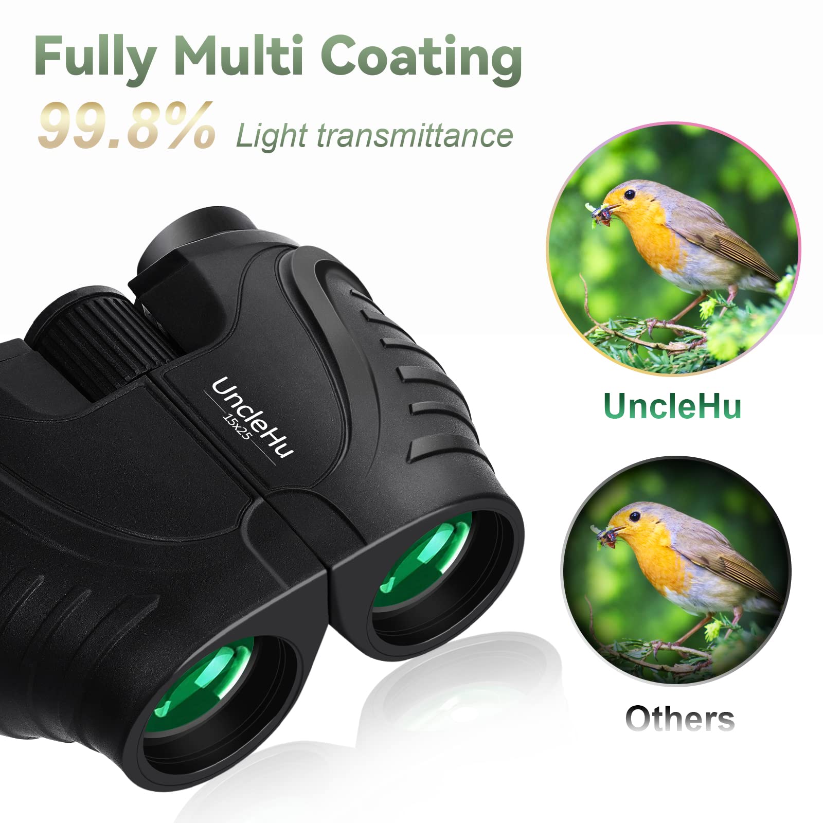 UncleHu 15x25 Compact Binoculars for Kids and Adults, Small High Power Binoculars with Large Eyepiece and Clear Vision for Bird Watching Hunting Travel Outdoor Sports with Carrying Case and Neck Strap