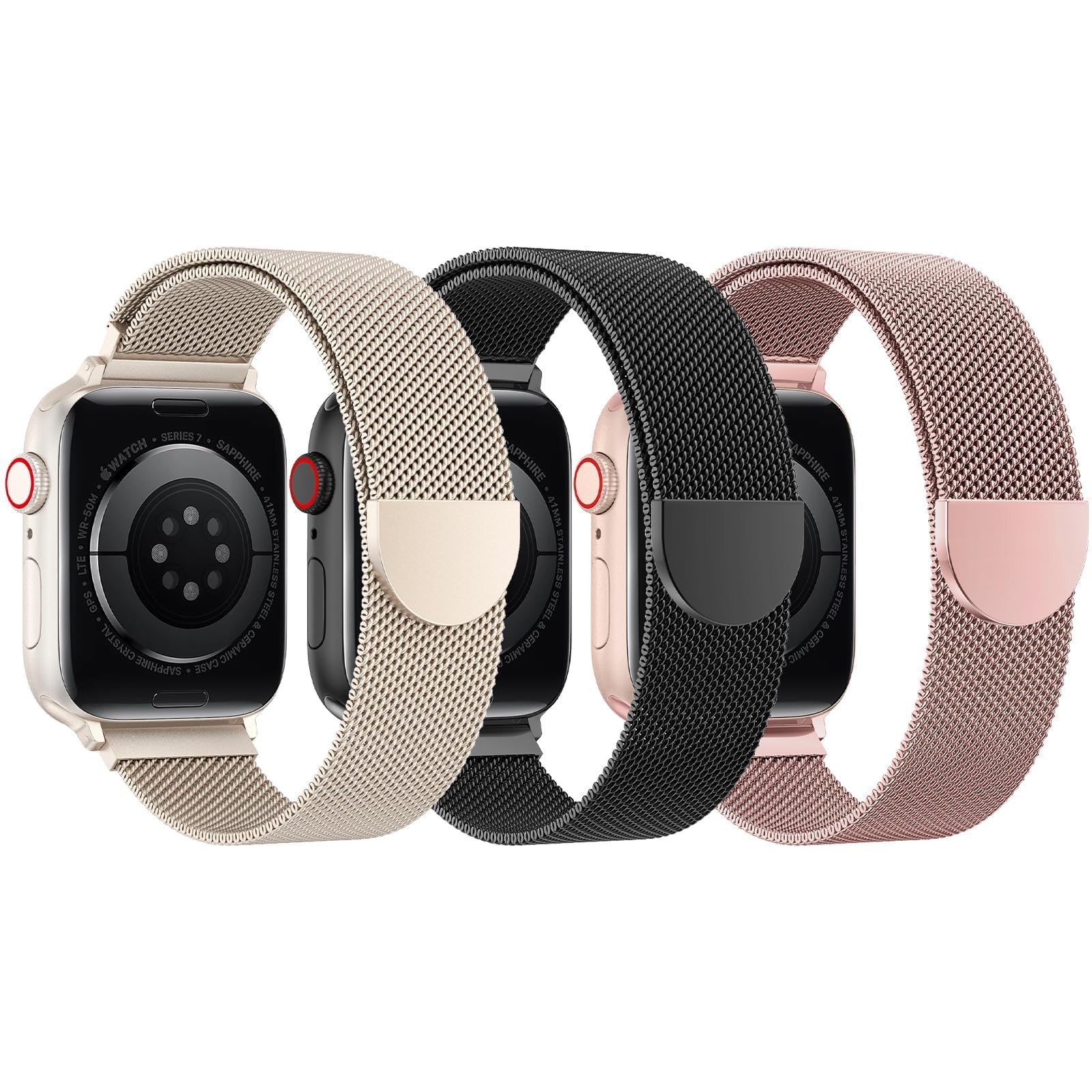 Unclehu 3 Pack Mesh Loop Compatible with Apple Watch Bands for Women Men 40mm 41mm 38mm 42mm 44mm 45mm 49mm 46mm Series 10 9 8 7 6 5 4 3 2 1 Ultra SE, Stainless Steel Metal Magnetic Strap for iWatch