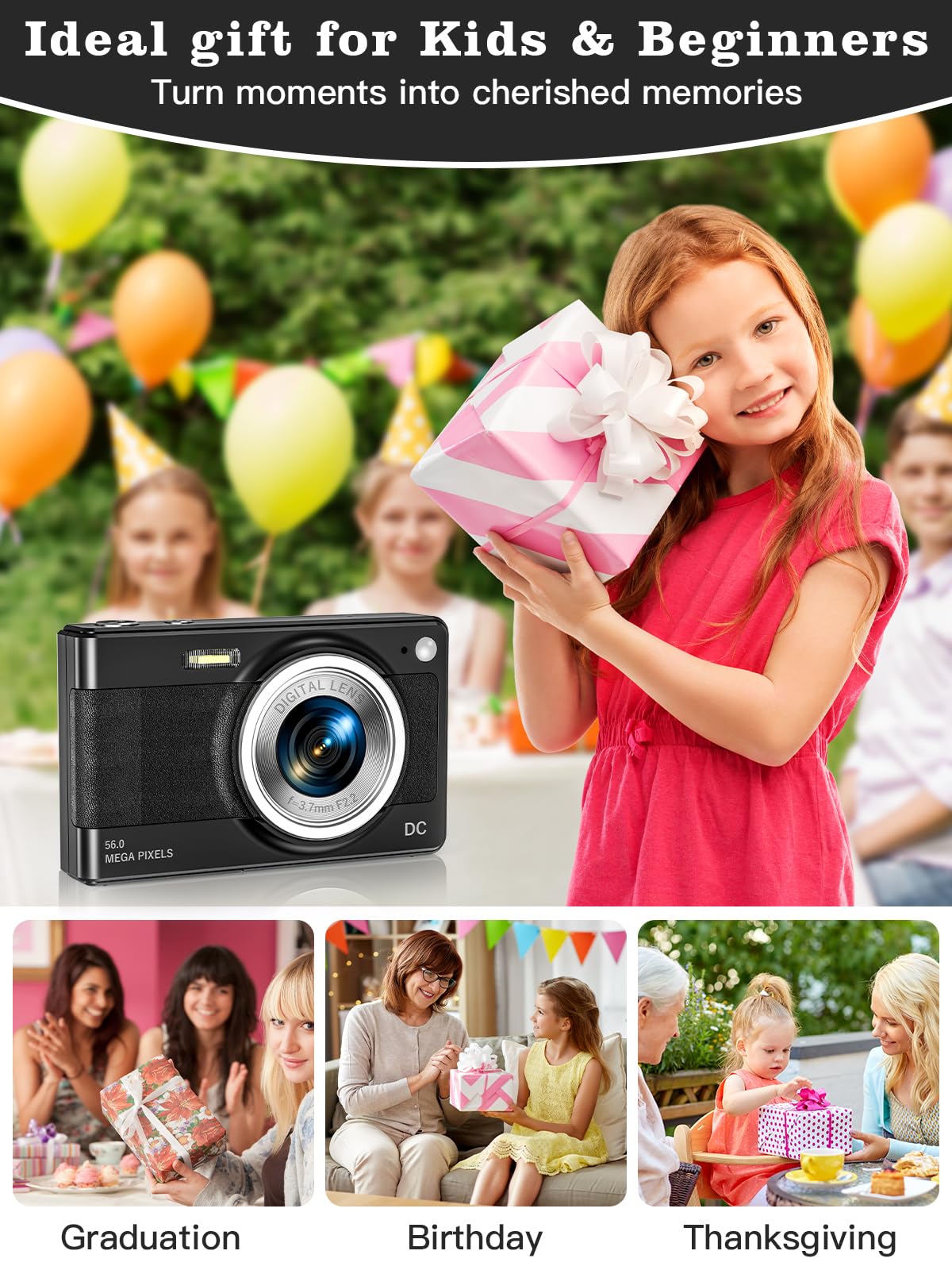 UncleHu Upgrade Digital Camera, 56MP FHD 1080P Camera for Kids with 16x Zoom Anti Shake, Kid Camera with 32GB TF Card, Two Batteries, Lanyard, Compact Small Camera for Kids Boys Girls（Black）